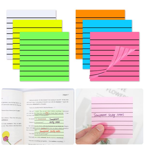 300 Sheets Transparent Sticky Notes with Lines, 3x3 Inch 6 Colorful Lined Clear Sticky Notes Translucent See Through Waterproof Self Sticky Notes for Office College School Students Classroom Supplies